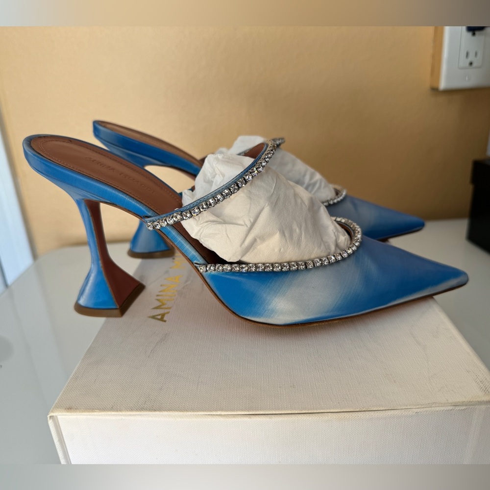 AMINA MUADDI GILDA MIRROR MULES OMBRÉ BLUE WHITE SIZE 42 WOMENS HEELS